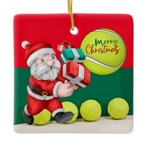 Tennis Christmas with tennis ball and Santa Claus  Ceramic Ornament
