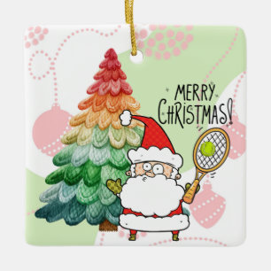 Tennis Christmas with tennis ball and Santa Claus Ceramic Ornament