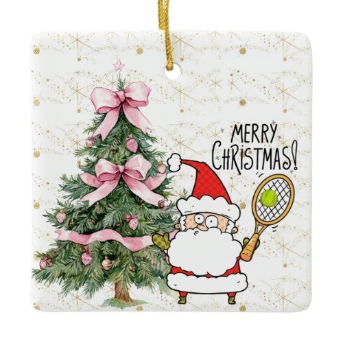 Tennis Christmas with tennis ball and Santa Claus  Ceramic Ornament