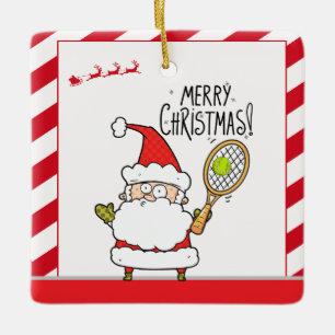 Tennis Christmas with tennis ball and Santa Claus Ceramic Ornament