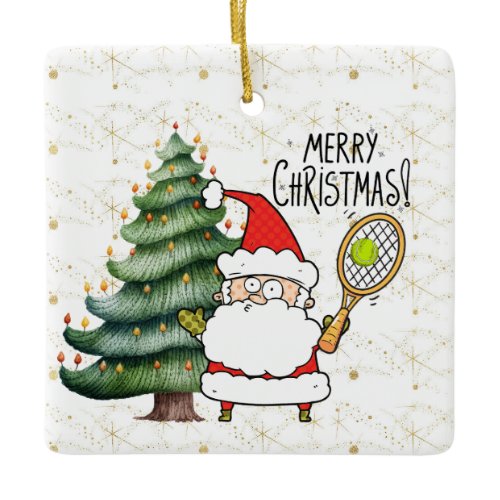 Tennis Christmas with tennis ball and Santa Claus  Ceramic Ornament