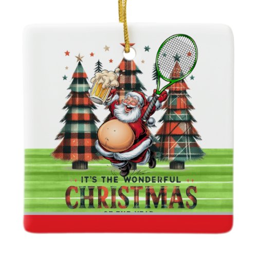 Tennis Christmas with tennis ball and Santa Claus  Ceramic Ornament