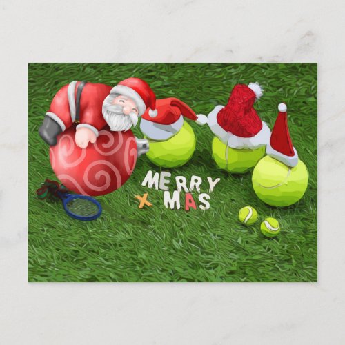 Tennis Christmas with tennis ball and Santa Claus  Holiday Postcard