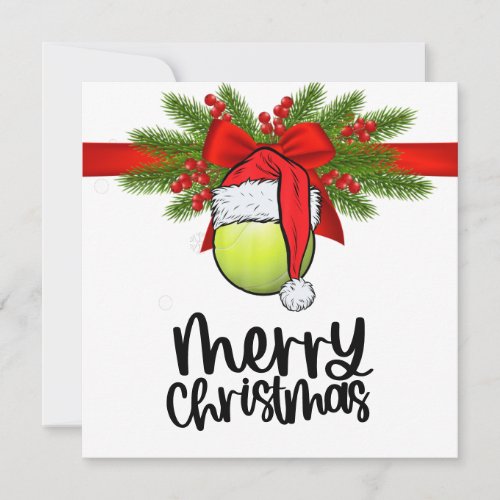 Tennis Christmas with tennis ball and Santa hat  H Holiday Card