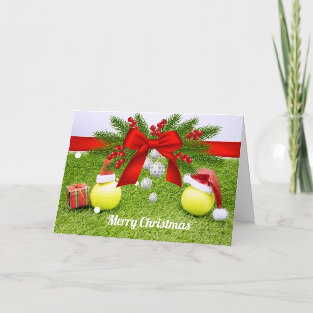 Tennis Christmas with tennis ball and Santa hat  Holiday Card (Front)
