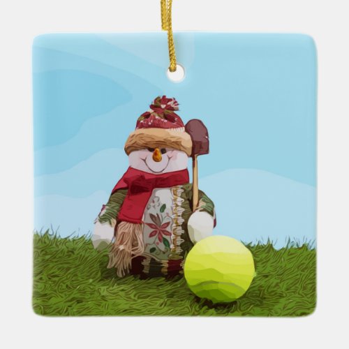 Tennis Christmas with tennis ball and Snowman Ceramic Ornament