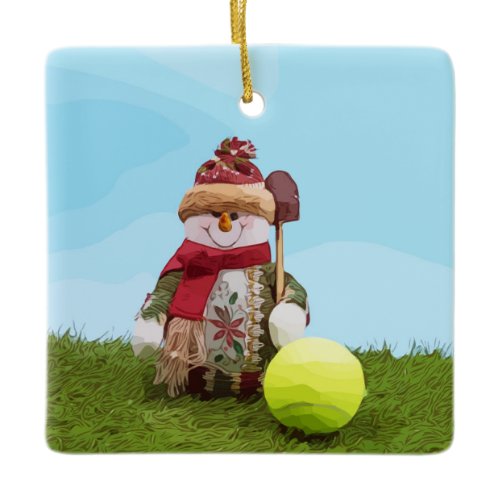 Tennis Christmas with tennis ball and Snowman Ceramic Ornament