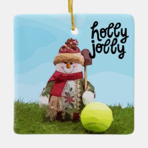 Tennis Christmas with tennis ball and Snowman Ceramic Ornament