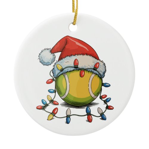 Tennis Christmas Xmas Lights Santa Hat Sports Ceramic Ornament