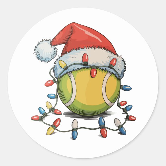 Tennis Christmas Xmas Lights Santa Hat Sports Classic Round Sticker (Front)