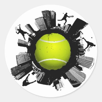 Tennis City Classic Round Sticker by TheArtOfPamela at Zazzle