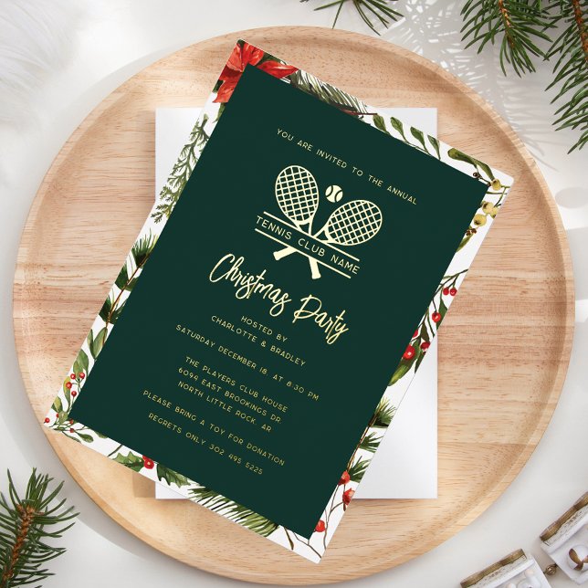Tennis Club Annual Christmas Party Gold Foil Invitation (Christmas Party Invitation Lawn Tennis Country Club Annual Holiday Event)