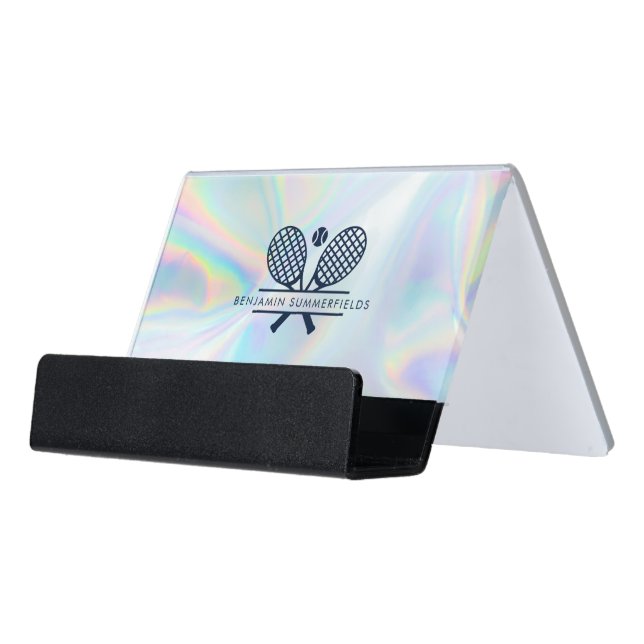 Tennis Club Coach Iridescent Sport Custom Desk Business Card Holder (Angled Front)