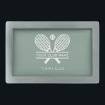 Tennis Club Name Team Matching Swag Custom Belt Buckle<br><div class="desc">Easily customize this by adding your club or society name by clicking the "Personalize" button. Featuring sleek tennis rackets motif elegantly paired with a tennis ball, this eye-catching design captures the essence of the sport while allowing you to showcase your team's unique identity. The color palette is fully customizable, ensuring...</div>