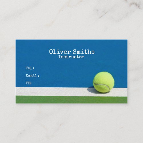 Tennis Coach Instructor with tennis ball on Blue Business Card