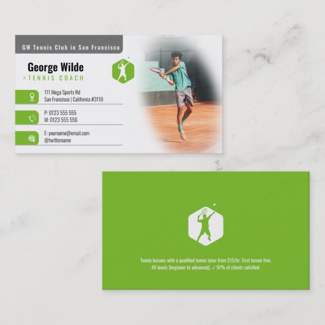 Tennis Coach | Male Tennis Player Green Business Card (Front/Back)