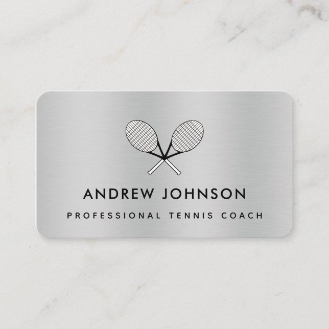 Tennis Coach Metallic Racket Logo Social Media Business Card (Front)
