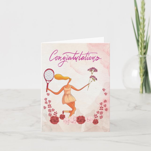 Tennis Congratulations with woman and flowers Card (Front)