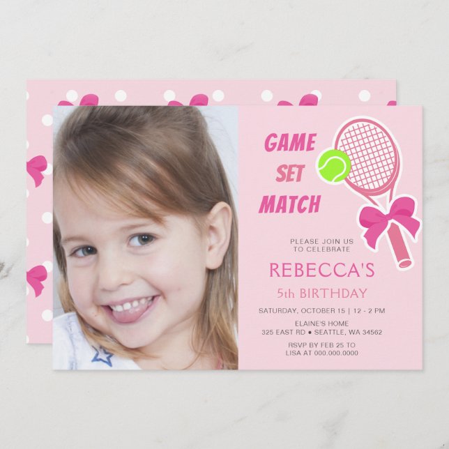 Tennis Coquette Pink Bow Photo Girl Birthday Invitation (Front/Back)