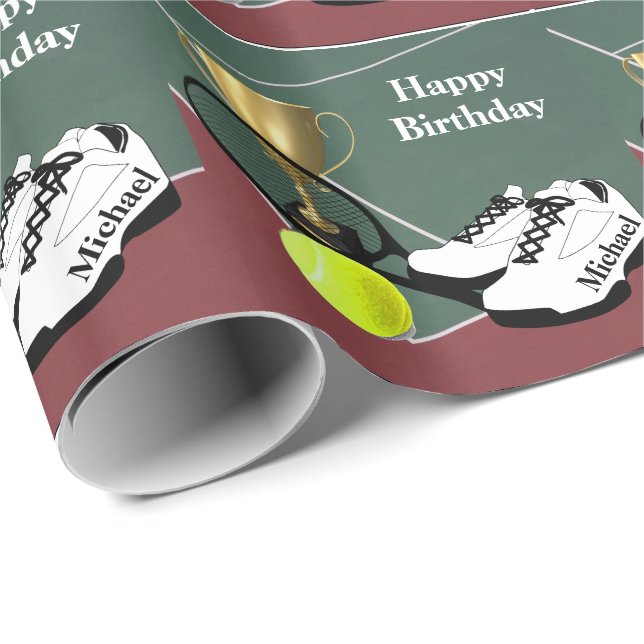 Tennis Court Ball  Shoes Personalized Birthday Wrapping Paper (Roll Corner)