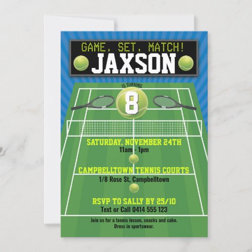 Tennis Court Balls Raquet Birthday Party Invitation