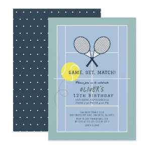 Tennis Court Racquet Blue Boy Birthday Invitation