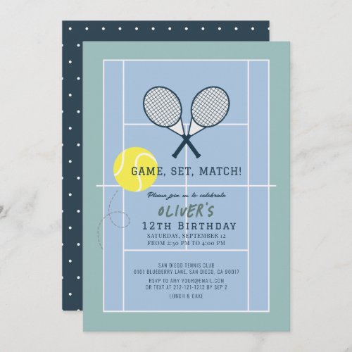 Tennis Court Racquet Blue Boy Birthday Invitation