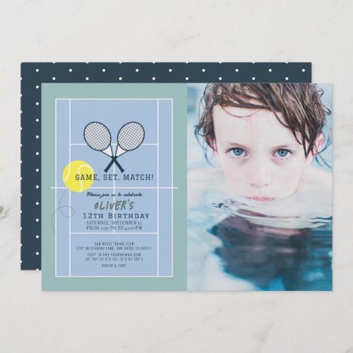 Tennis Court Racquet Blue Boy Photo Birthday Invitation