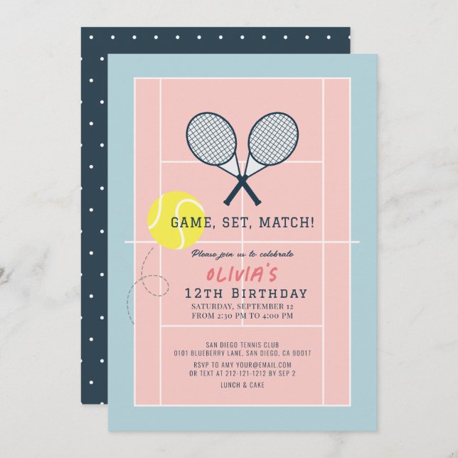 Tennis Court Racquet Pink Girl Birthday Invitation (Front/Back)