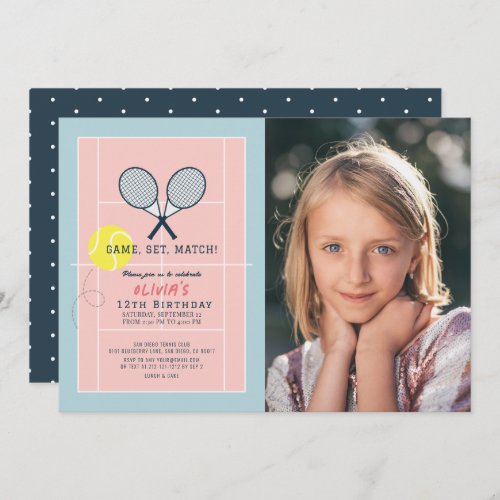 Tennis Court Racquet Pink Girl Photo Birthday Invitation