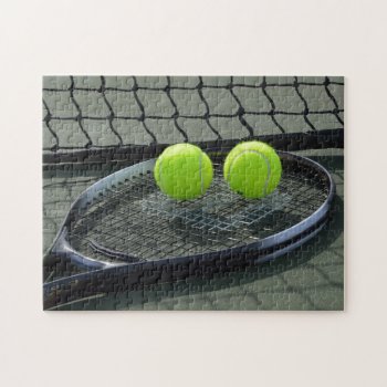 Tennis Court Racquet & Tennis Balls Jigsaw Puzzle by WackemArt at Zazzle