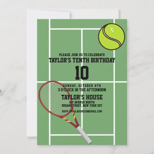 Tennis Court Sports Custom Birthday Party Invitation
