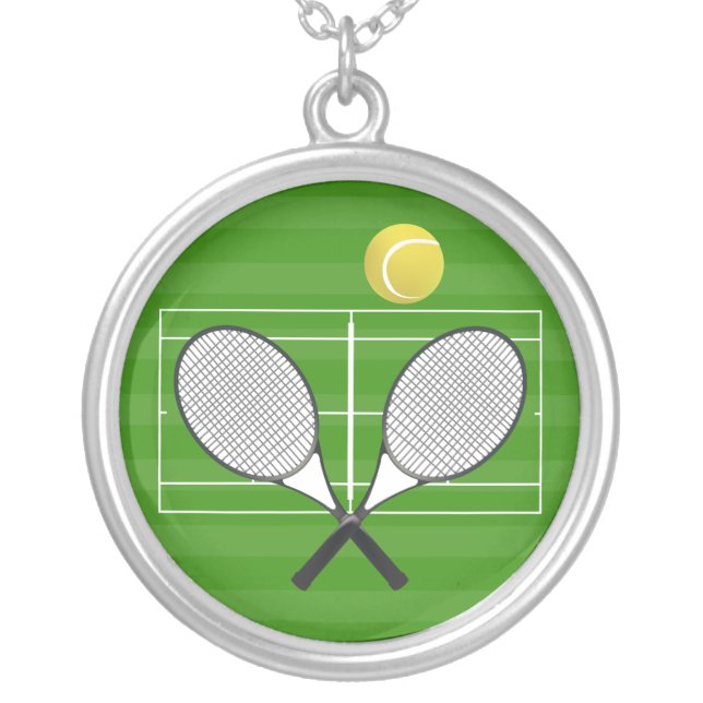 Tennis Court & Tennis Ball Silver Plated Necklace (Front)