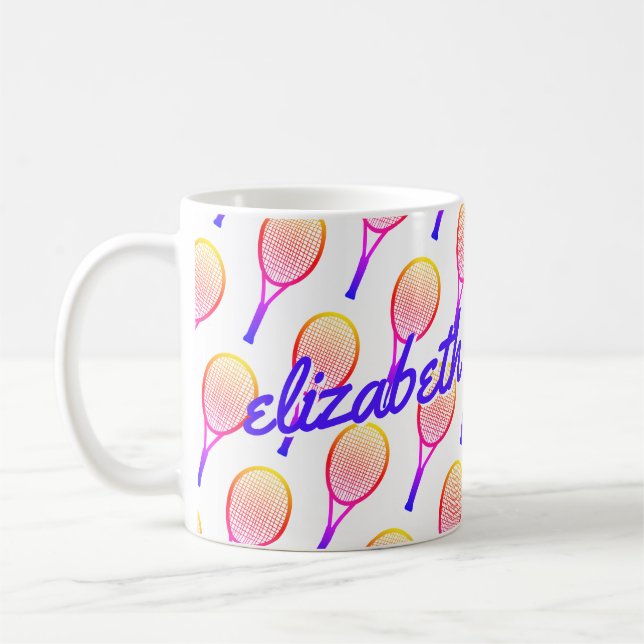 Tennis Custom Name Bright Pink Purple Personalized Coffee Mug (Left)