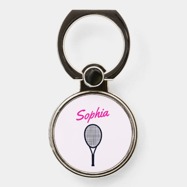 Tennis Custom Name Hot Pink Black Phone Ring Stand (Front)