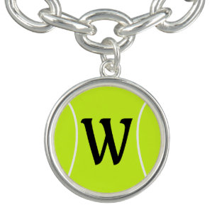 Tennis Custom Text Initial Silver Charm Bracelet