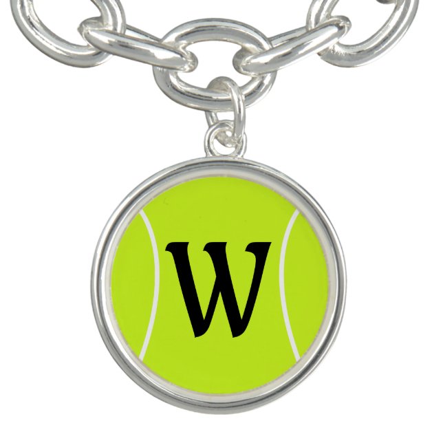 Tennis Custom Text Initial Silver Charm Bracelet (Design)