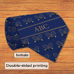 Tennis custom text pattern navy blue neck tie<br><div class="desc">This tie is printed on both sides. It has a navy blue color background, with an all over pattern of tennis rackets and tennis balls. There is space for initials or name or short text at the bottom of the tie. This would be a great personalized gift for a keen...</div>