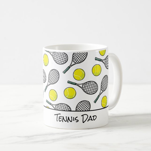 Tennis Dad Mom Balls Racquets Yellow White Black Coffee Mug (Front Right)