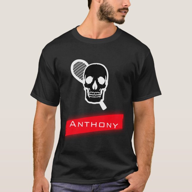 Tennis Dad Skull Skeleton Racket Red Neon Name     T-Shirt (Front)