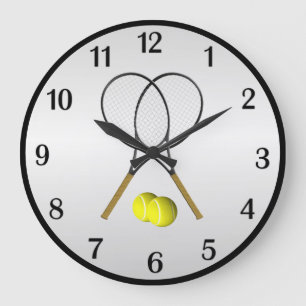 Tennis Doubles Silver Black Digits Framed Rouond Large Clock