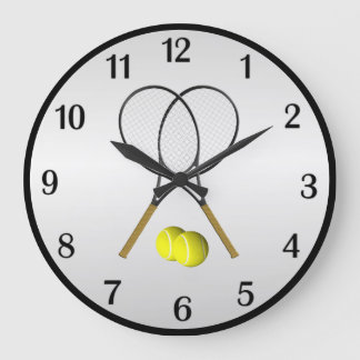 Tennis Doubles Silver Black Digits Framed Rouond Large Clock