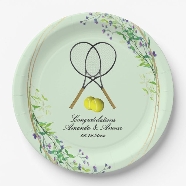 Tennis Doubles Wedding 3 Text Lines Green Paper Plates (Front)