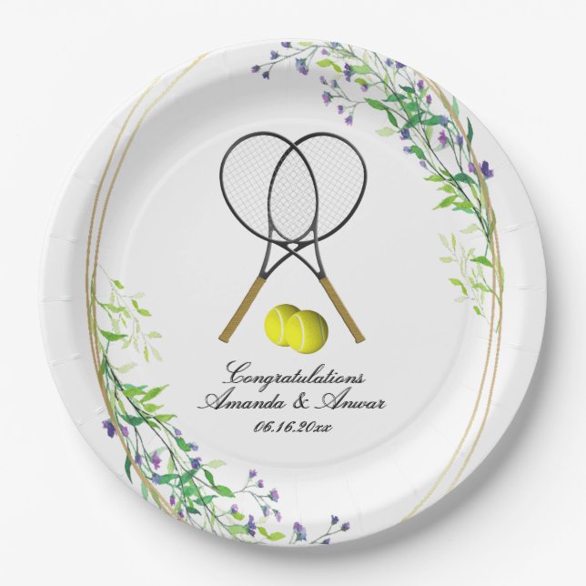 Tennis Doubles Wedding 3 Text Lines Paper Plates (Front)