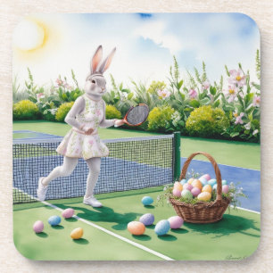 Tennis Easter Bunny Rabbit Player on the court Beverage Coaster
