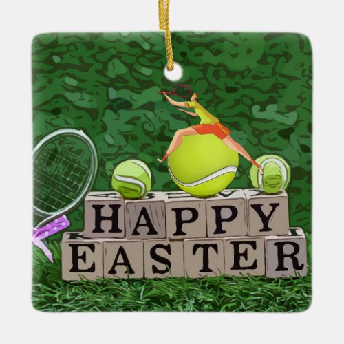 Tennis Easter Holiday eggs with ball and racket    Ceramic Ornament