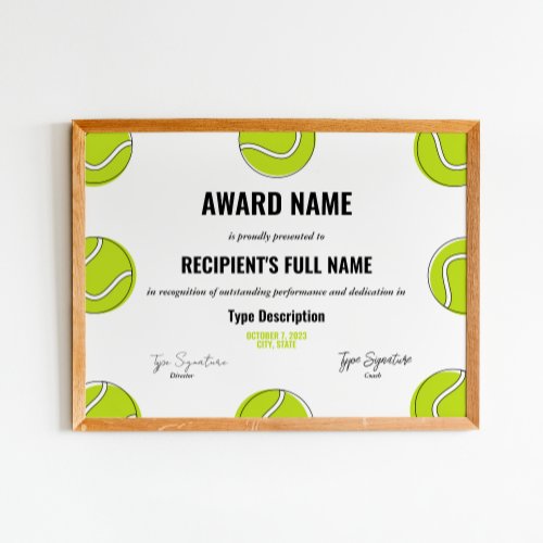 Tennis Excellence Award Certificate _ Instant Poster