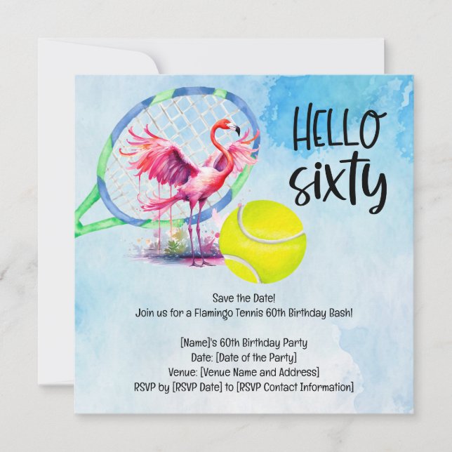 Tennis  Flamingo 60th Birthday Party  Invitation (Front)