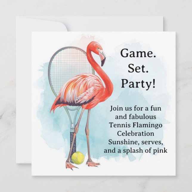 Tennis  Flamingo  with racket and ball invitation  (Front)