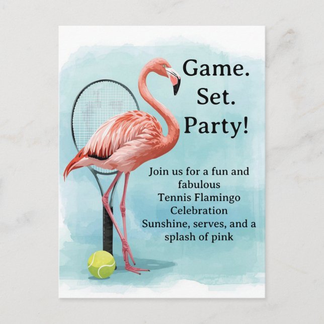 Tennis  Flamingo  with racket and ball invitation  Postcard (Front)
